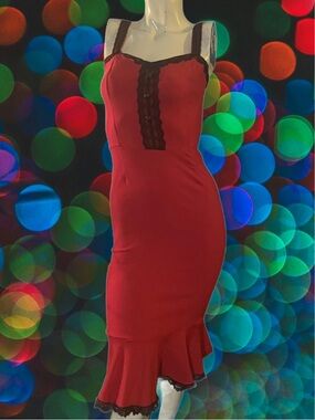 Red SWITCHBLADE STILETTO Midi pencil Dress with Black Lace Trim & flared bottom